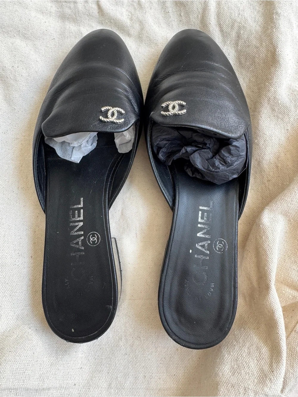 CHANEL leather mules